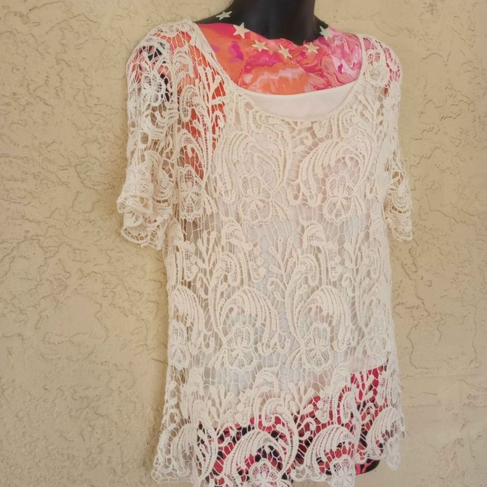 SIZE LARGE-2-PIECE, PRETTY BEIGE, LACE OVER TANK WITH STAY IN PLACE STRAPS.